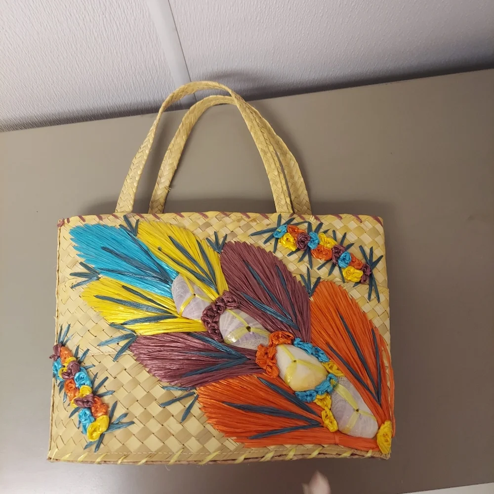 Vintage Floral & Shells Woven Tourist Bag Purse Raffia Straw Beach - Picture 10 of 13